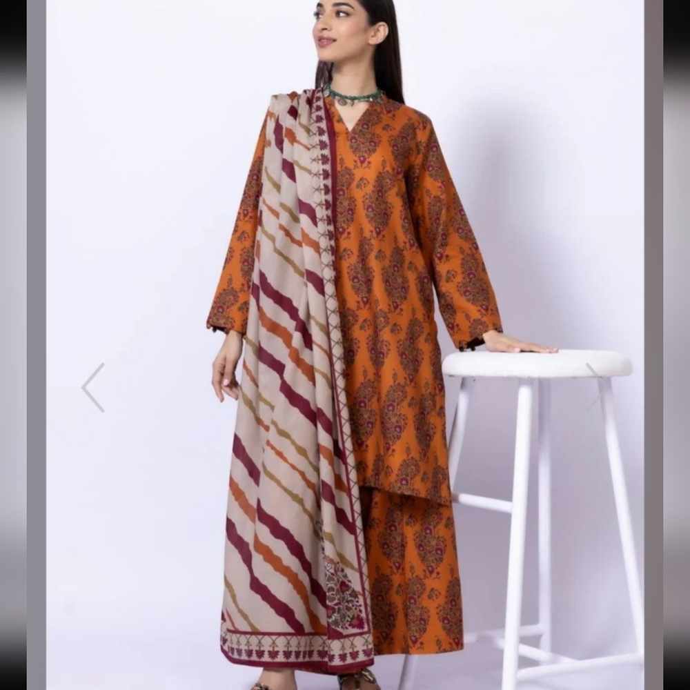 Khaadi 3-Piece Maroon & Orange Cotton Suit - XXL (Bust 53")